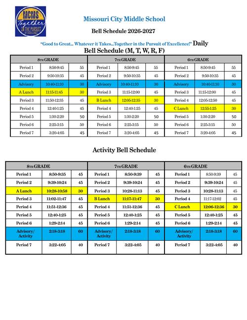  Missouri City Middle School Bell Schedule